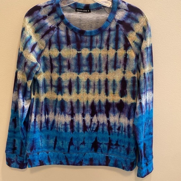 David Cline Bold Hacci Crew Neck Sweater Blue Yellow Pink Acid Tie Dye Size S - Picture 1 of 10